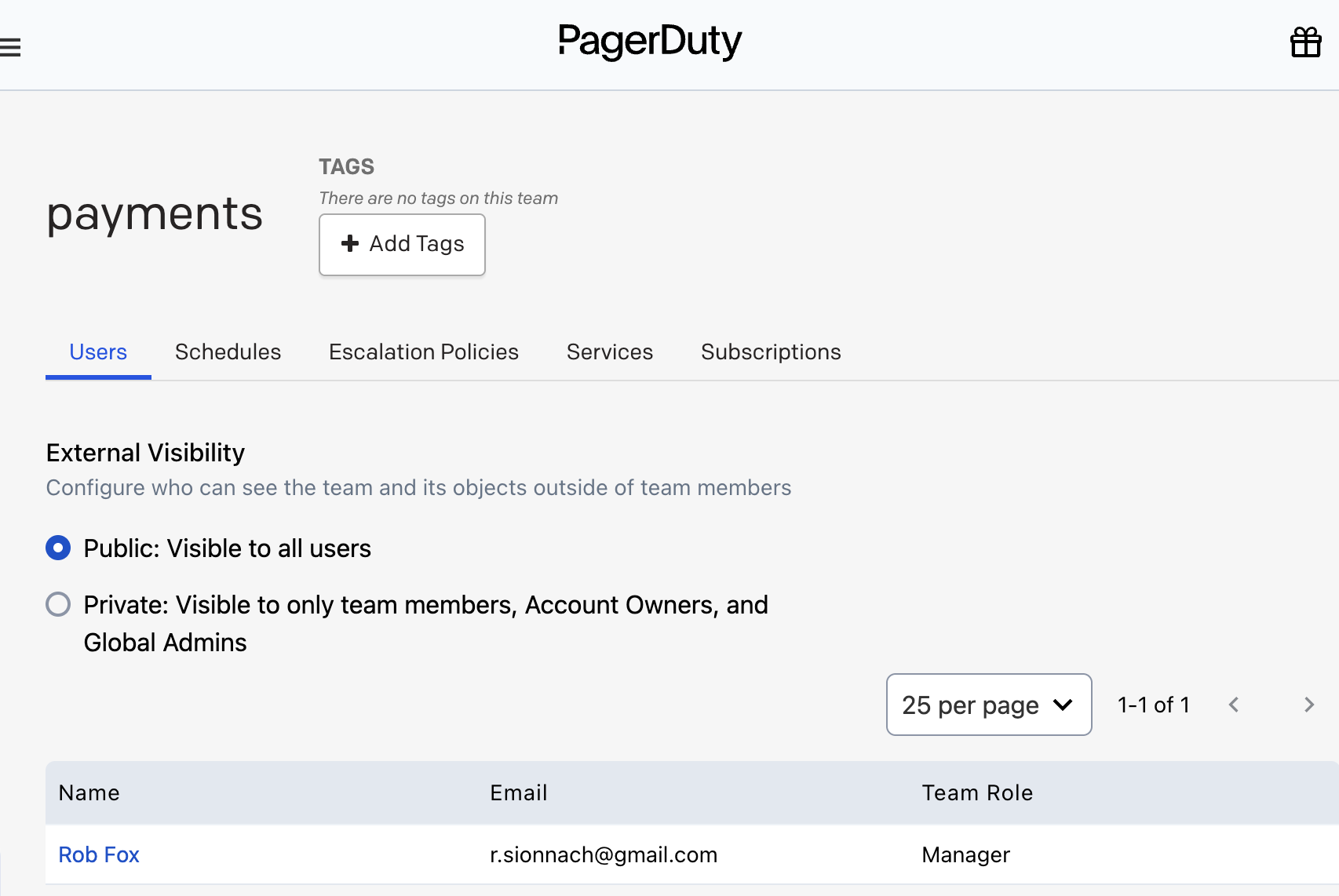PagerDuty Team with Manager Role